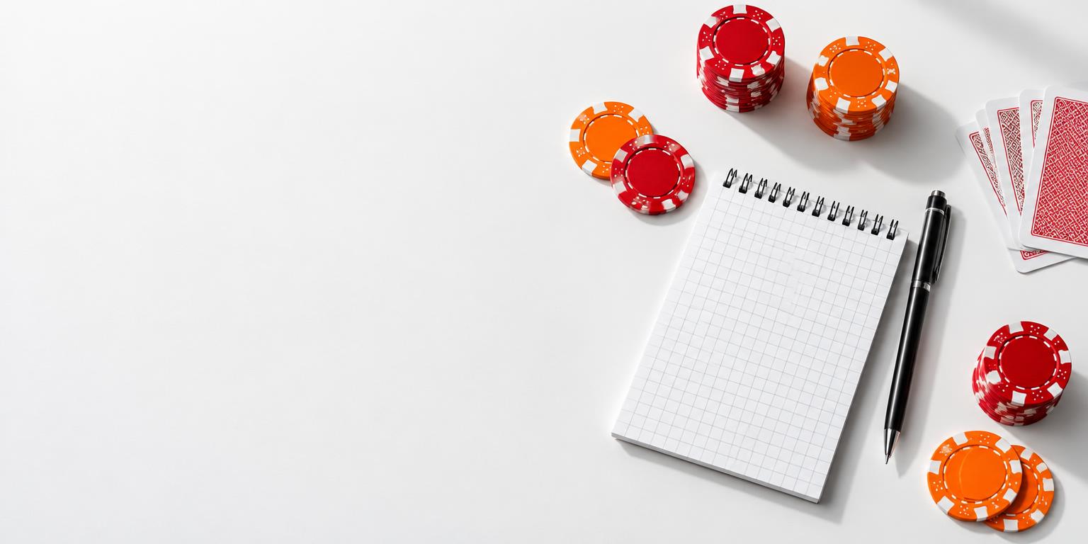 Oranje en rode speelfiches naast een notitieboek voor casinovoorwaarden